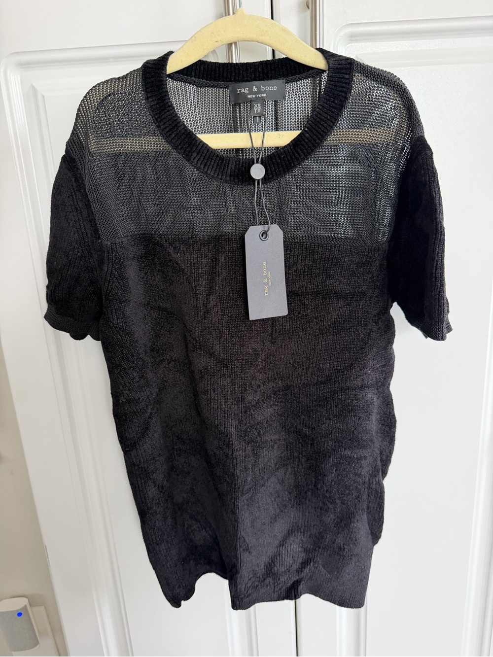 rag & bone Black Short Sleeve Sheer-Yoke Knit Top